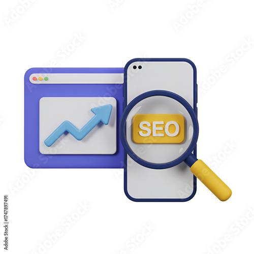 Seo analysis on a smartphone with a growth chart on a browser window, isolated on transparent background
