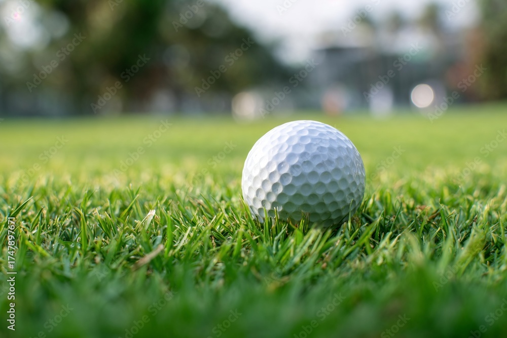 Obraz premium Golf ball on green grass in sunlight