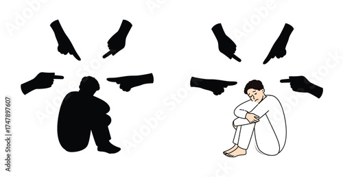 A depressed man is sitting on the floor, curled up in a ball. The concept of apathy, depression, loneliness, and mental health. Minimalistic silkscreen ,  Depressed man sitting, vector illustration