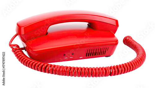 Classic red desk phone with coiled cord against a transparent background