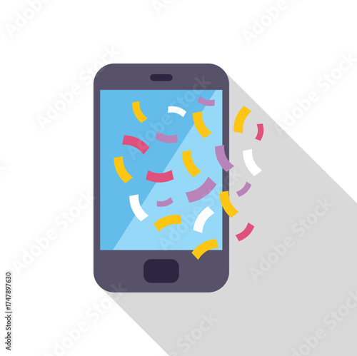 Colorful confetti falling from smartphone screen, celebrating online success and achievement