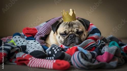 Pug dog resting on colorful socks with a golden crown on its head  