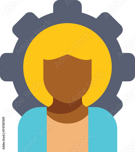 Flat vector illustration representing a female engineer managing a work process, symbolized by a cogwheel behind her