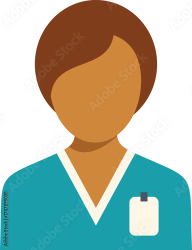 Portrait of a female nurse wearing teal scrubs and an id badge, representing healthcare professionals