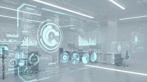 Futuristic office with holographic data visualization on screens  
