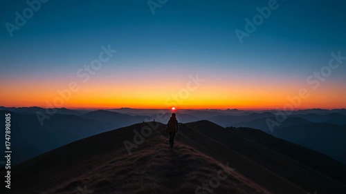 Person walking on mountain ridge at sunset with vibrant colors  
