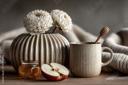 Autumn Still Life with Chrysanthemums, Honey, Apple, and Ceramic Mug for Cozy Home Decor