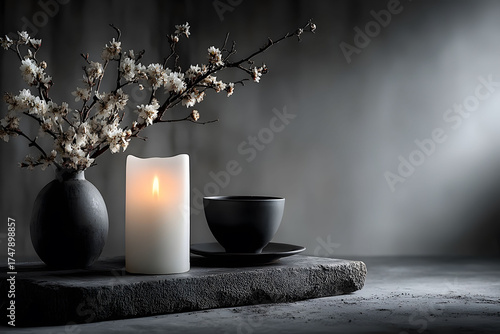 Serene Still Life with Candle and Cherry Blossoms for Tranquil Interiors