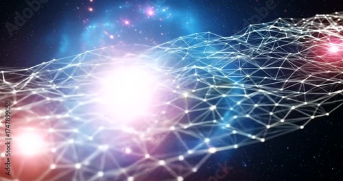 Futuristic network structure connects points across vibrant cosmic nebulae.