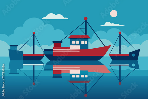 Three boats sailing on the water with moon and clouds