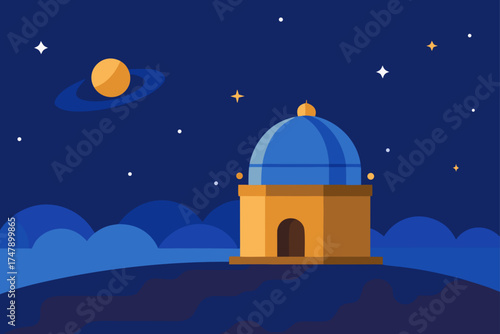 Illustration of observatory under starry night sky