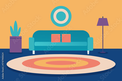 Living room scene with sofa rug and decor elements