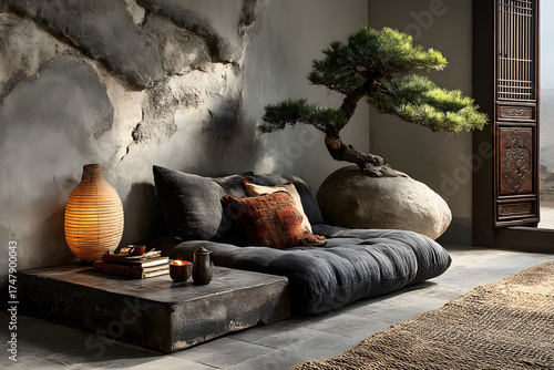 Tranquil Zen Living Room with Natural Decor and Rustic Elements for Interior Design Inspiration