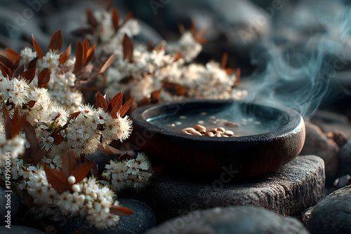 Tranquil Zen Garden with Aromatic Incense Bowl and Peaceful Blossoms