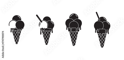 Vector art of a diverse collection of twelve black and white ice cream cone icons, showcasing various flavors and styles, vector illustration.