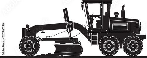 Heavy Duty Road Grader Silhouettes Blade Angled Low Side View Black and White