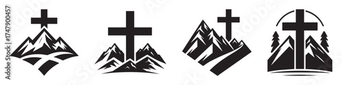 Nature Landscape Outdoor Mountain Cross Icon, Flat Silhouette of an Outdoor Scenery Vector for Adventure Illustration Design