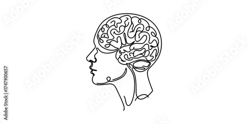Continuous one line drawing of a human head with a brain inside, minimalist design symbolizing intelligence, psychology, thinking, creativity, and mental health concept.