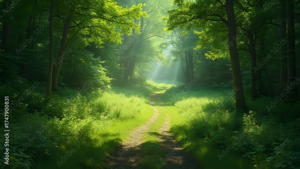 Obraz premium Sunlit Path Through Lush Green Forest Landscape