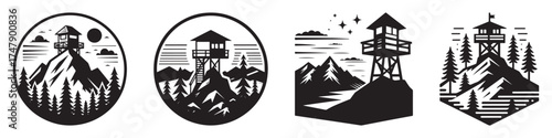 Nature Landscape Outdoor Mountain Tower Icon, Flat Silhouette of an Outdoor Scenery Vector for Adventure Illustration Design