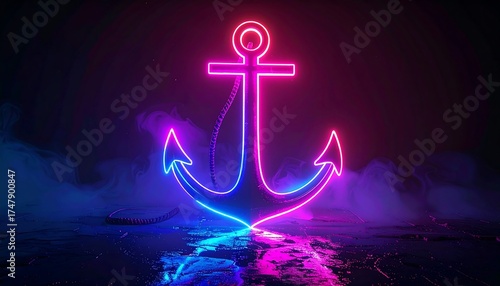 Neon pink and blue anchor in smoky, reflective environment