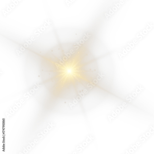 PNG sunlight and glowing sunbeam. Bright shine with lens flare and golden rays.