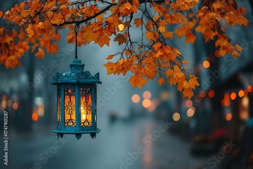 Autumn Evening Lantern with Orange Leaves and Warm Glow for Seasonal Ambiance