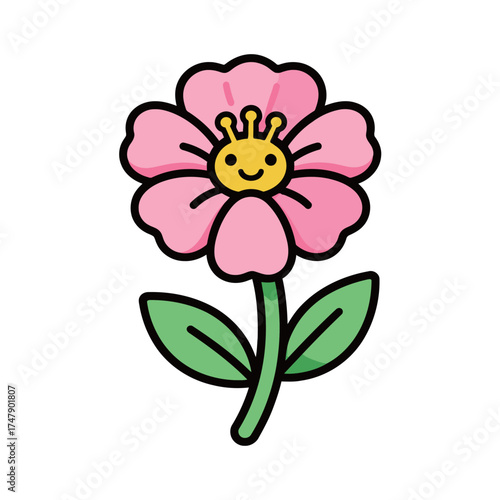 Cute Happy Pink Flower Cartoon Character Vector Illustration