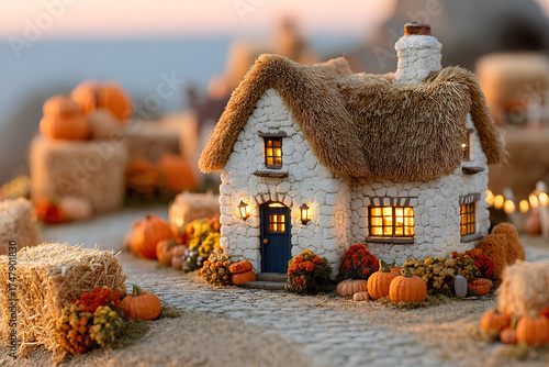 Cozy Autumn Cottage Amid Hay Bales with Pumpkin Decorations at Sunset
