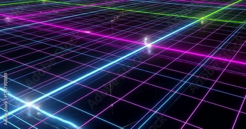 Neon grid lines form a futuristic cyberspace grid with bright points of light.