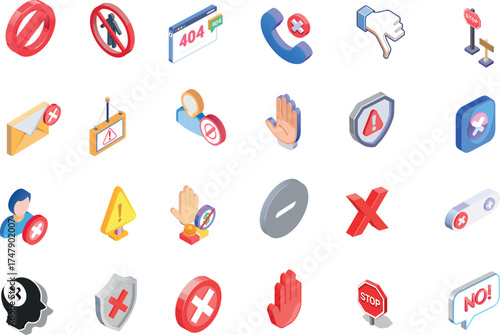 Colorful 3D Isometric Error, Warning, and Restriction Icons Set - Denial and Stop UI/UX