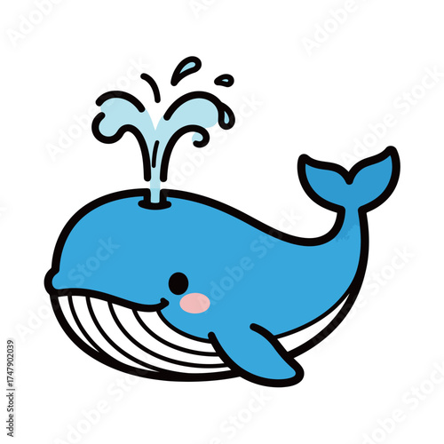 Cute Happy Blue Whale Spouting Water Cartoon Sea Animal Vector Illustration