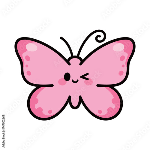 Cute Pink Butterfly Winking Cartoon Insect Vector Illustration