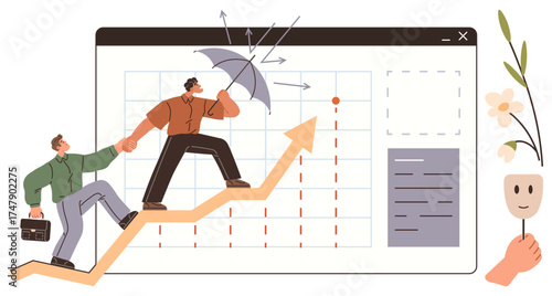 Two professionals climb an upward graph signifying growth, one holding an umbrella for protection. Background includes a data chart with arrows and a plant. Ideal for business growth, leadership
