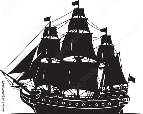 Old Fashioned Sailing Ship Silhouettes Multiple Masts Sails Side View Black and White