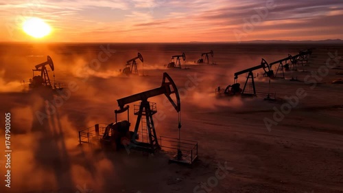 Oil Derricks Pumping at Sunset in Barren Landscape