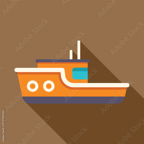 Small orange tugboat floating on brown background, featuring portholes, cabin, and antennas, with long shadow