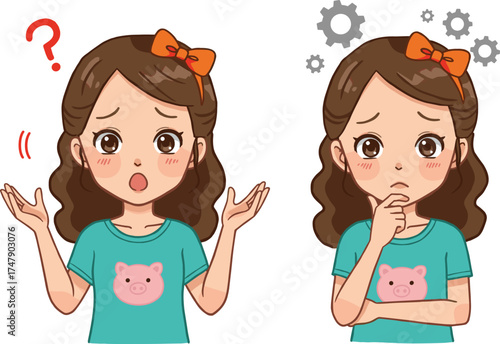 Cartoon girl character showing confused and thinking expressions with question mark and gears for kids emotional learning and education vector