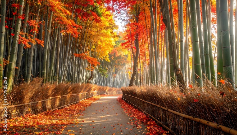 Fototapeta premium Autumnal Path Through Bamboo Forest - A Serene Landscape.