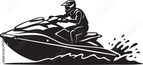 Personal Watercraft Silhouettes Jet Ski Rider Side View Black and White