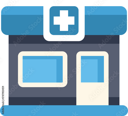 Simple and modern flat design representing a pharmacy or hospital building, ideal for healthcare and medical related projects