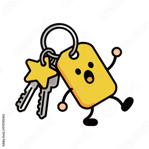 Shocked Keychain with Keys and Star Fob Cartoon Vector Illustration