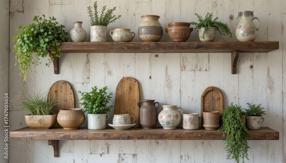 Fototapeta premium Decorative Shelves Lined With Pottery and Greenery in a Cozy Interior Setting