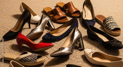 Wallpaper Mural Array of diverse women's shoes heels, flats, sandals, displayed on textured beige carpet under warm lighting Torontodigital.ca