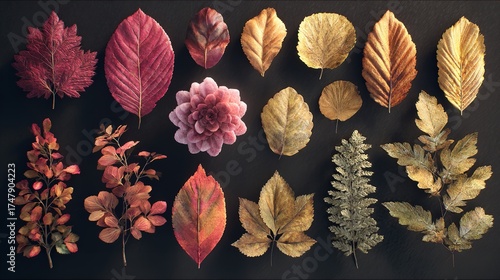 Autumn's Embrace: A captivating array of fallen leaves and a floral centerpiece against a dark background.