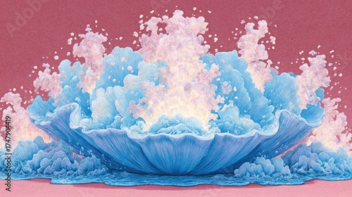 Abstract, light blue,  floral,  liquid,  explosion,  on  pink