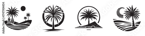 Nature Landscape Outdoor Desert Palm Icon, Flat Silhouette of a Desert Scenery Vector for Adventure Illustration Design