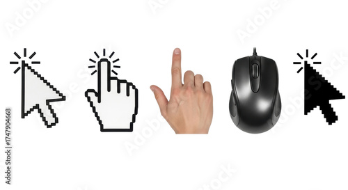 Isolated set of computer mouse and hand cursor icons for websites, interfaces and devices