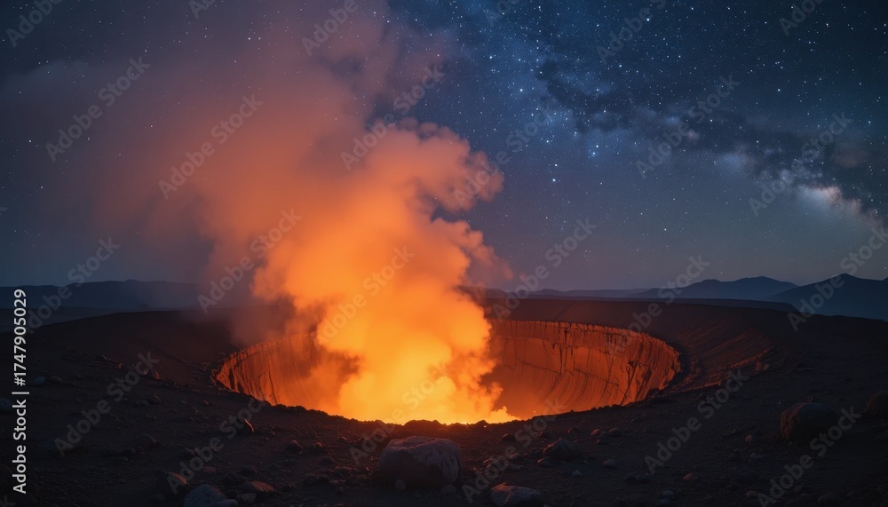 Fototapeta premium Erupting Volcano Under a Starry Sky Reveals Breathtaking Natural Beauty and Power