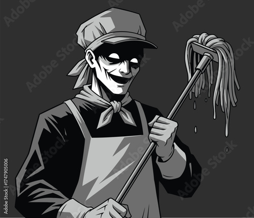 Creepy Janitor with Sinister Grin Holding a Wet Mop Monochrome Illustration.